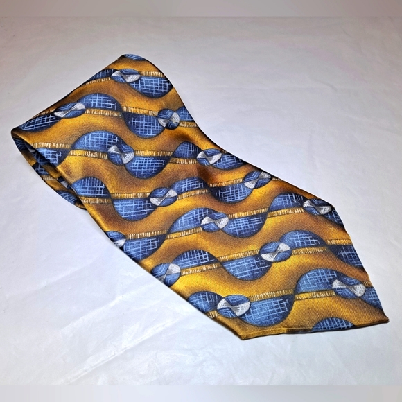 Barrington 💯 Silk Luxury Designer Necktie 58" x3.75" Blue/Gold Abstract Vintage - Picture 1 of 9